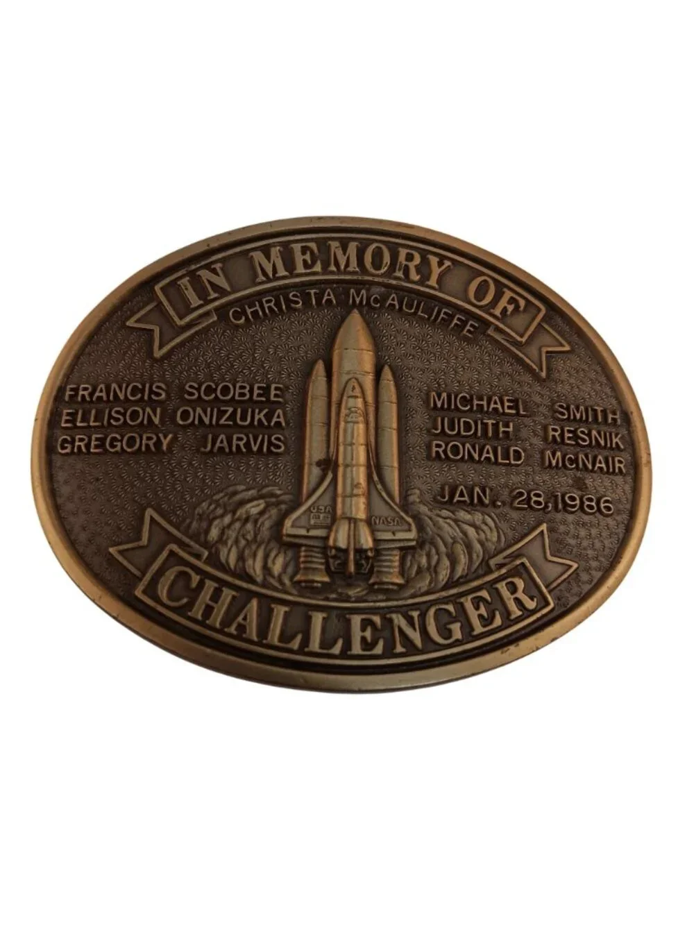Vintage NASA Challenger Space Shuttle Memorial Belt Buckle Brass/Bronze 1986